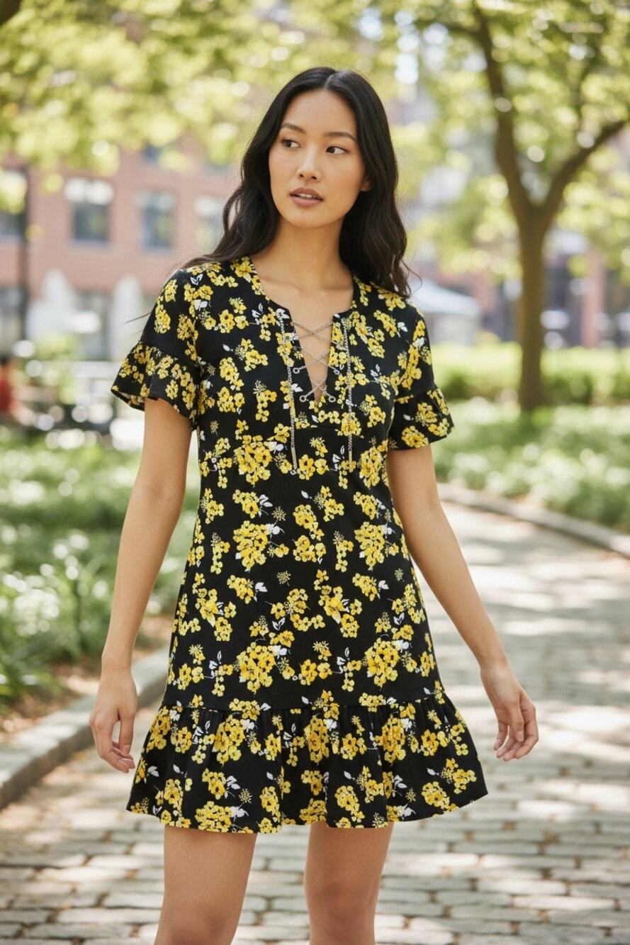 Michael Michael Kors Floral Ruffle Hem Dress Medium Black Yellow Chain Lace Up